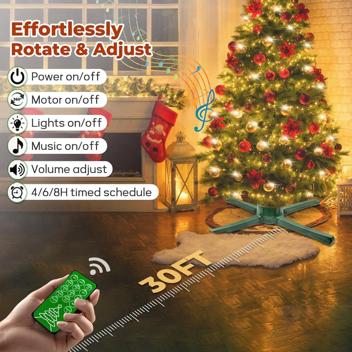 Rotating Christmas Tree Stand with Music- 360 Degree Adjustable Christmas Tree Base for Up to 10 FT Artificial Tree Fake Tree With 3 Built-in Electrical Outlets, Artificial Christmas Tree Stand, Green