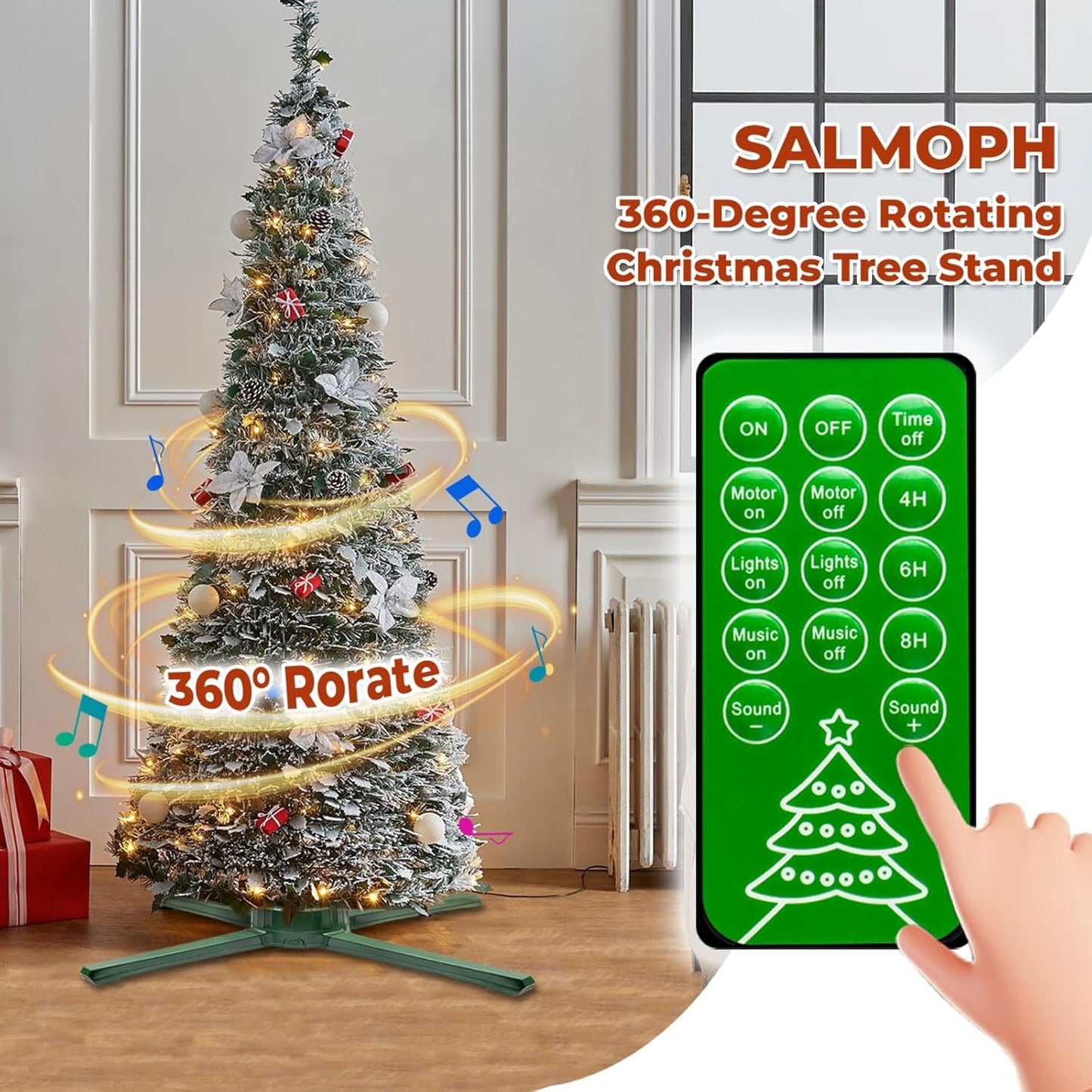 Rotating Christmas Tree Stand with Music- 360 Degree Adjustable Christmas Tree Base for Up to 10 FT Artificial Tree Fake Tree With 3 Built-in Electrical Outlets, Artificial Christmas Tree Stand, Green